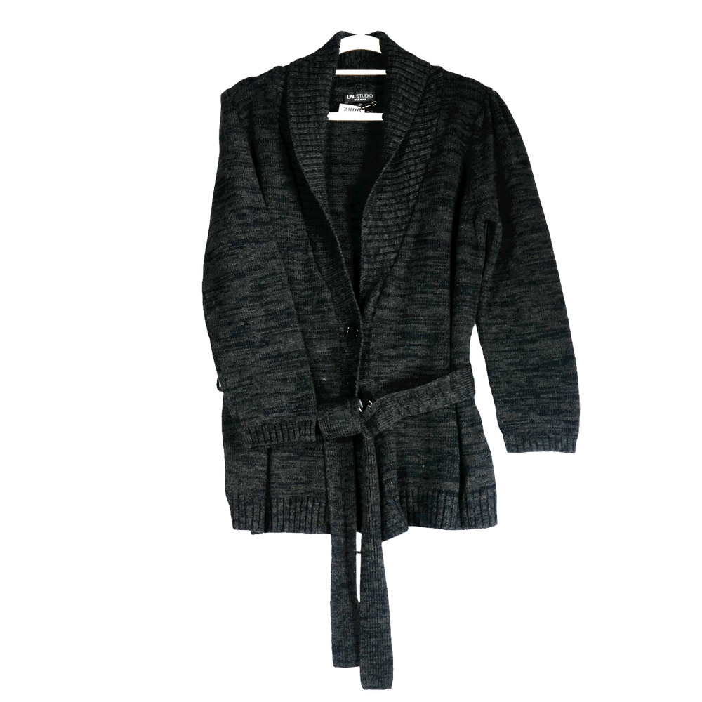 IN Studio Marled Cardigan Sweater Women 2X Black Gray Belted Long Sleeve Cozy